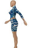 Blue Women Sexy Printing Bandage Ruffle Skirts Sets HZF57810