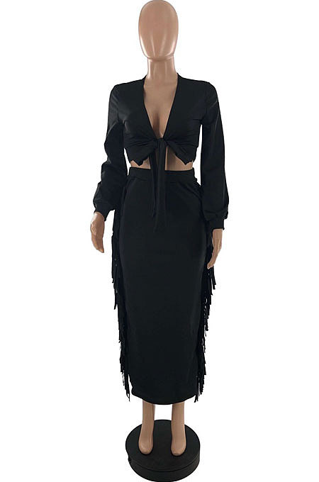 Black Cotton Blend Long Sleeve Cardigan Cute Tassle Bodycon Skirts Sets S66313-2