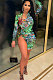 Green Sexy Women Peacock Feathers Printing Irregular Zipper Mini Dress HZF57811-1