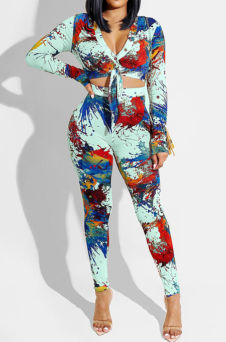 Pink Splash-lnk Print Long Sleeve V Neck Buttons Knot Shirts Pencil Pants Sets PQ8058-3
