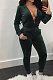Drak Green Newest Velvet Long Sleeve Zip Front Hooded Coat Sweat Pants Solid Color Sets OEP6310-3
