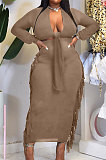 Black Cotton Blend Long Sleeve Cardigan Cute Tassle Bodycon Skirts Sets S66313-2