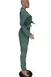 Red Euramerican Women Corduroy Solid Color Button Tied Turn-Down Collar Cardigan Pants Sets QMQ7066-2