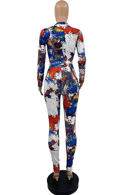 Blue Splash-lnk Print Long Sleeve V Neck Buttons Knot Shirts Pencil Pants Sets PQ8058-1