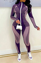 Purple Autumn Winter New Digital Print Long Sleeve Zip Front Coat Pencil Pants Casual Sets QSS51047-3