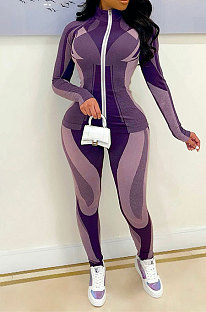 Purple Autumn Winter New Digital Print Long Sleeve Zip Front Coat Pencil Pants Casual Sets QSS51047-3