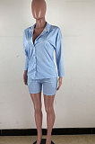 Light Blue Wholesale Woman Long Sleeve Lapel Neck Single-Breasted Shirt Shorts Solid Color Two-Piece TZ1204-1