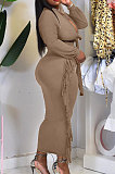 Drak Brown Cotton Blend Long Sleeve Cardigan Cute Tassle Bodycon Skirts Sets S66313-1