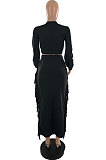 Drak Brown Cotton Blend Long Sleeve Cardigan Cute Tassle Bodycon Skirts Sets S66313-1