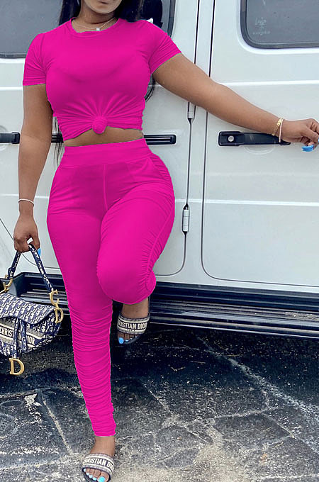 Black Women Shirred Detail Pure Color Short Sleeve T Shirt Bodycon Pants Sets AL153-6