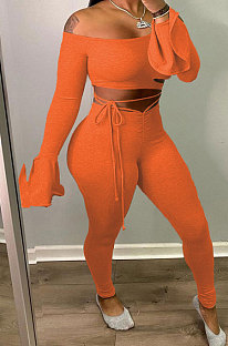 Orange Women A Word Shoulder Ruffle Sleeve Sexy Bandage Hollow Out Pants Sets HZF57809-1