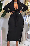 Drak Brown Cotton Blend Long Sleeve Cardigan Cute Tassle Bodycon Skirts Sets S66313-1