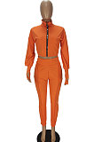Rose Red Women Long Sleeve Zipper Pure Color Bodycon Pants Sets QMQ7064-3