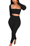 Gray Women Autumn Winter Elastic Sexy U Collar Solid Color Long Sleeve Long Pants Sets MOL174-1