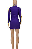 Purple Euramerican Women Long Sleeve Zipper Casual Tight Mini Dress HZF57812-1