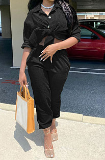Balck Euramerican Women Corduroy Solid Color Button Tied Turn-Down Collar Cardigan Pants Sets QMQ7066-3