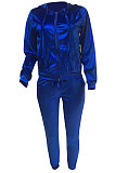 Black Newest Velvet Long Sleeve Zip Front Hooded Coat Sweat Pants Solid Color Sets OEP6310-1