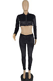 Black Autumn Winter Velvet Long Sleeve Zip Front Crop Coat Pencil Pants Casual Sets SQ90081-3