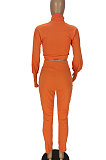 Rose Red Women Long Sleeve Zipper Pure Color Bodycon Pants Sets QMQ7064-3