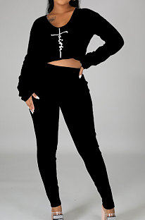 Black Women Autumn Winter Sexy Crop Personality Printing Pants Sets PY0838-1