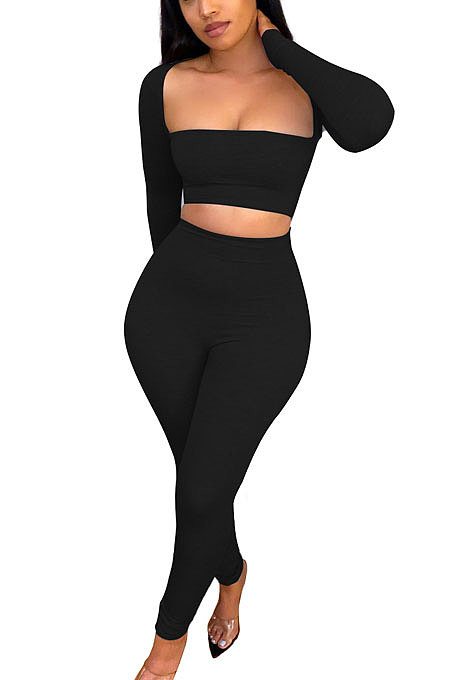 Black Women Autumn Winter Elastic Sexy U Collar Solid Color Long Sleeve Long Pants Sets MOL174-2