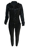 Black Newest Velvet Long Sleeve Zip Front Hooded Coat Sweat Pants Solid Color Sets OEP6310-1