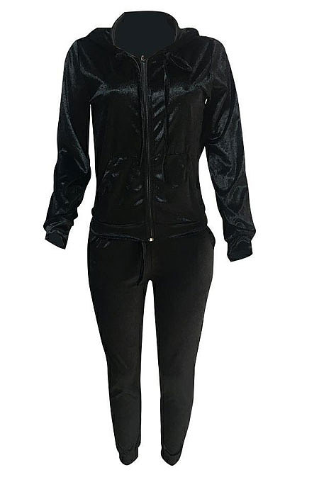 Black Newest Velvet Long Sleeve Zip Front Hooded Coat Sweat Pants Solid Color Sets OEP6310-1
