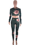 Wine Red Fashion Print Long Sleeve Crop Hoodie High WaIst Badage Bodycon Pants Sets PQ8009-2