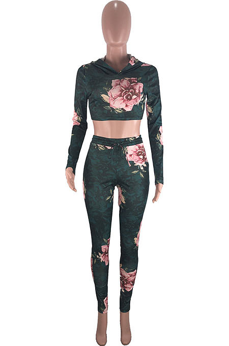 Wine Red Fashion Print Long Sleeve Crop Hoodie High WaIst Badage Bodycon Pants Sets PQ8009-2