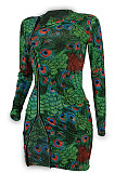 Green Sexy Women Peacock Feathers Printing Irregular Zipper Mini Dress HZF57811-1