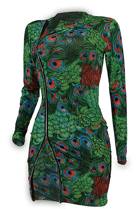 Green Sexy Women Peacock Feathers Printing Irregular Zipper Mini Dress HZF57811-1