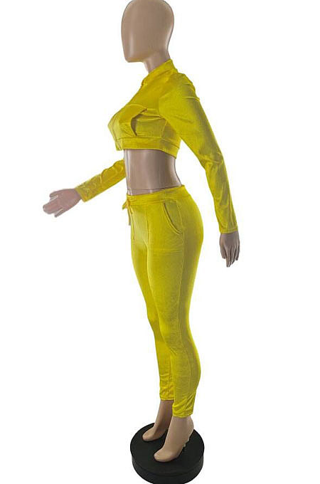 Yellow Autumn Winter Velvet Long Sleeve Zip Front Crop Coat Pencil Pants Casual Sets SQ90081-2