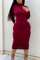 Wine Red Sexy Pure Color Long Sleeve High Neck Hollow Out Ruffle Backless Bodycon Dress PQ8060