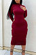 Wine Red Sexy Pure Color Long Sleeve High Neck Hollow Out Ruffle Backless Bodycon Dress PQ8060