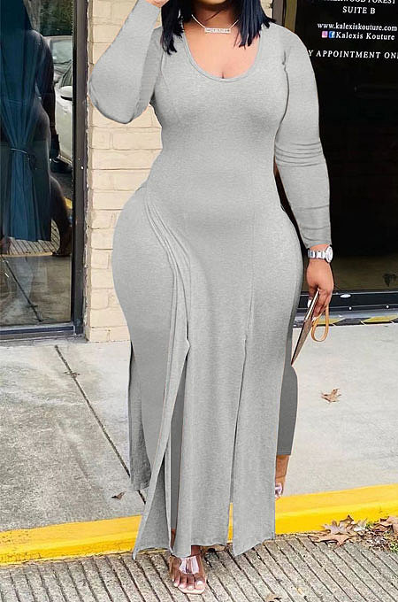 Gray Cotton Blend Long Sleeve Irregularity V Neck Top Bodycon Pants Sets YFS10023-2