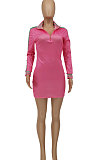 Pink Euramerican Women Long Sleeve Zipper Casual Tight Mini Dress HZF57812-2