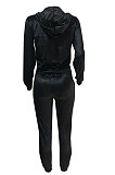 Black Newest Velvet Long Sleeve Zip Front Hooded Coat Sweat Pants Solid Color Sets OEP6310-1