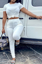White Women Shirred Detail Pure Color Short Sleeve T Shirt Bodycon Pants Sets AL153-2