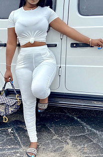 White Women Shirred Detail Pure Color Short Sleeve T Shirt Bodycon Pants Sets AL153-2