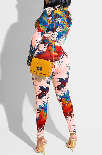 Pink Splash-lnk Print Long Sleeve V Neck Buttons Knot Shirts Pencil Pants Sets PQ8058-3
