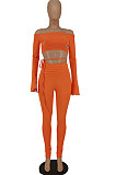 Orange Women A Word Shoulder Ruffle Sleeve Sexy Bandage Hollow Out Pants Sets HZF57809-1