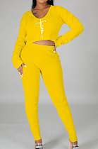 Yellow Women Autumn Winter Sexy Crop Personality Printing Pants Sets PY0838-2