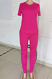Black Women Shirred Detail Pure Color Short Sleeve T Shirt Bodycon Pants Sets AL153-6