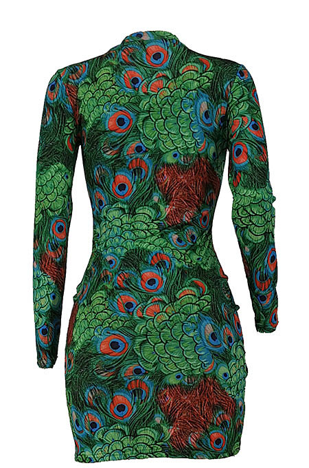 Purple Sexy Women Peacock Feathers Printing Irregular Zipper Mini Dress HZF57811-2
