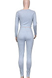 Black Women Autumn Winter Elastic Sexy U Collar Solid Color Long Sleeve Long Pants Sets MOL174-2