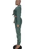 Green Euramerican Women Corduroy Solid Color Button Tied Turn-Down Collar Cardigan Pants Sets QMQ7066-1