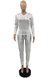 Gray Wholesale Casual Long Sleeve V Neck T-Shirts Drawsting Pants Solid Color Sets PQ8059-1