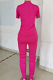 Red Women Shirred Detail Pure Color Short Sleeve T Shirt Bodycon Pants Sets AL153-5