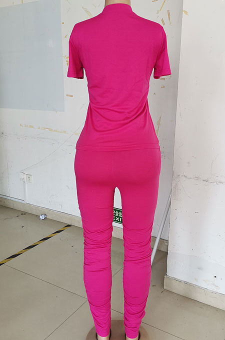 Red Women Shirred Detail Pure Color Short Sleeve T Shirt Bodycon Pants Sets AL153-5