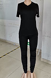 White Women Shirred Detail Pure Color Short Sleeve T Shirt Bodycon Pants Sets AL153-2